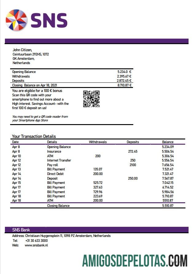 Netherlands SNS extrato bancário amostra